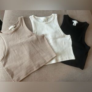 Lot of 3 H&M Tank Cropped Tank Tops Racerback Size Small White Beige Black